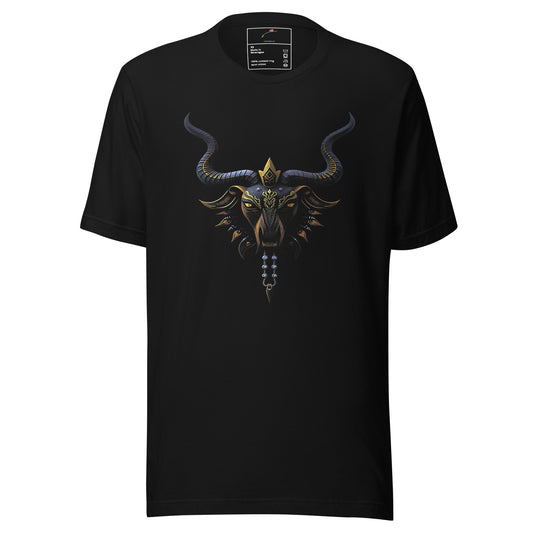 LuckeLadybug black T-shirt featuring a detailed graphic animal design shirt with a horned animal face