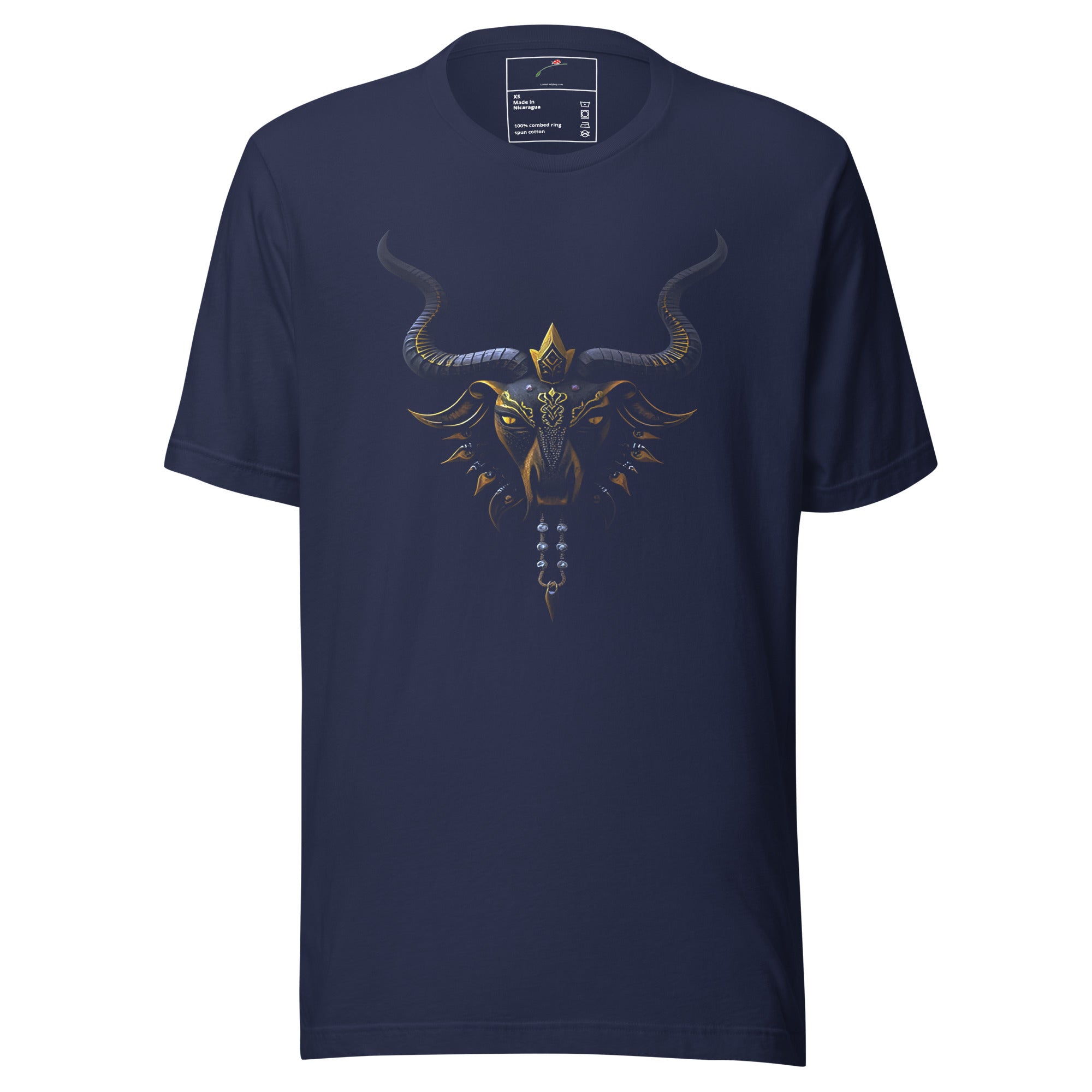LuckeLadybug navy t-shirt featuring a graphic animal design shirt with a stylized bull head and intricate details