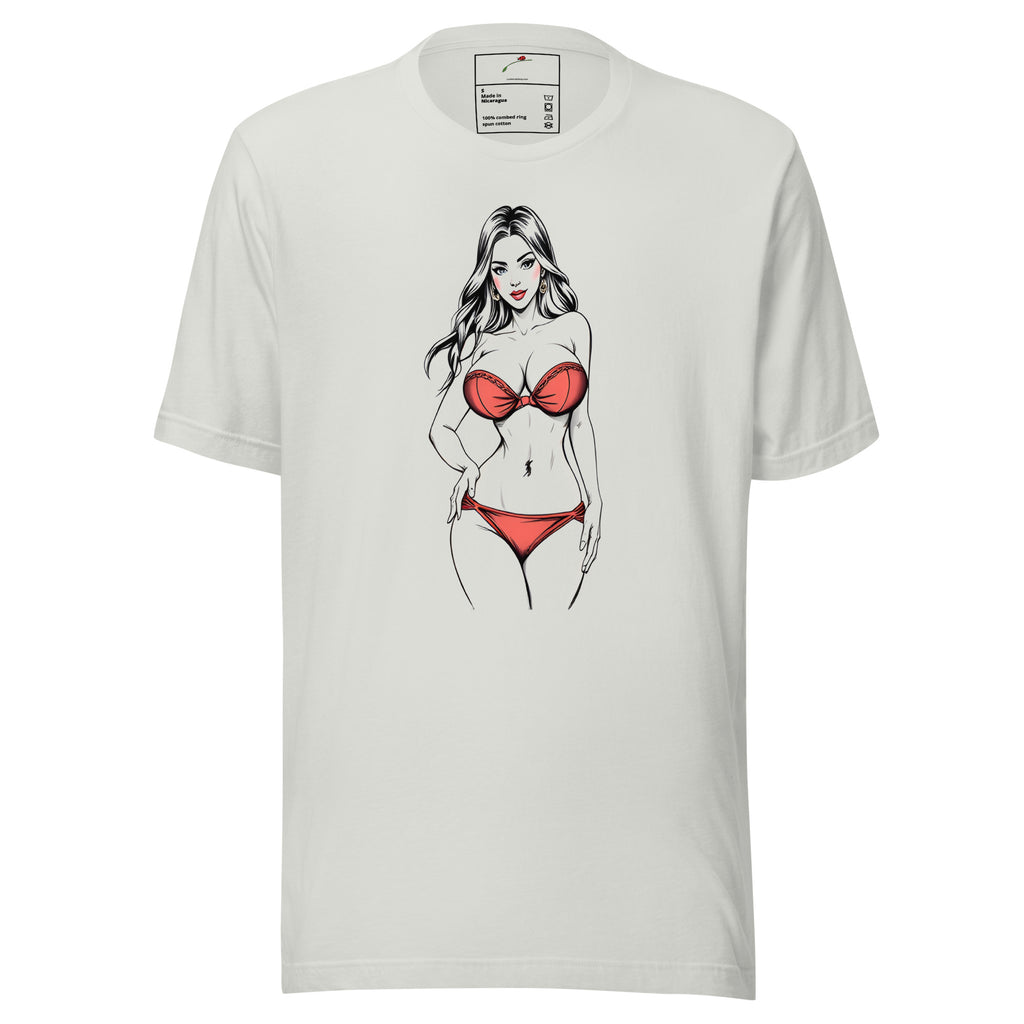 Luckeladybug white graphic illustration t-shirt featuring a woman in red bikini artwork