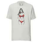 Luckeladybug white graphic illustration t-shirt featuring a woman in red bikini artwork