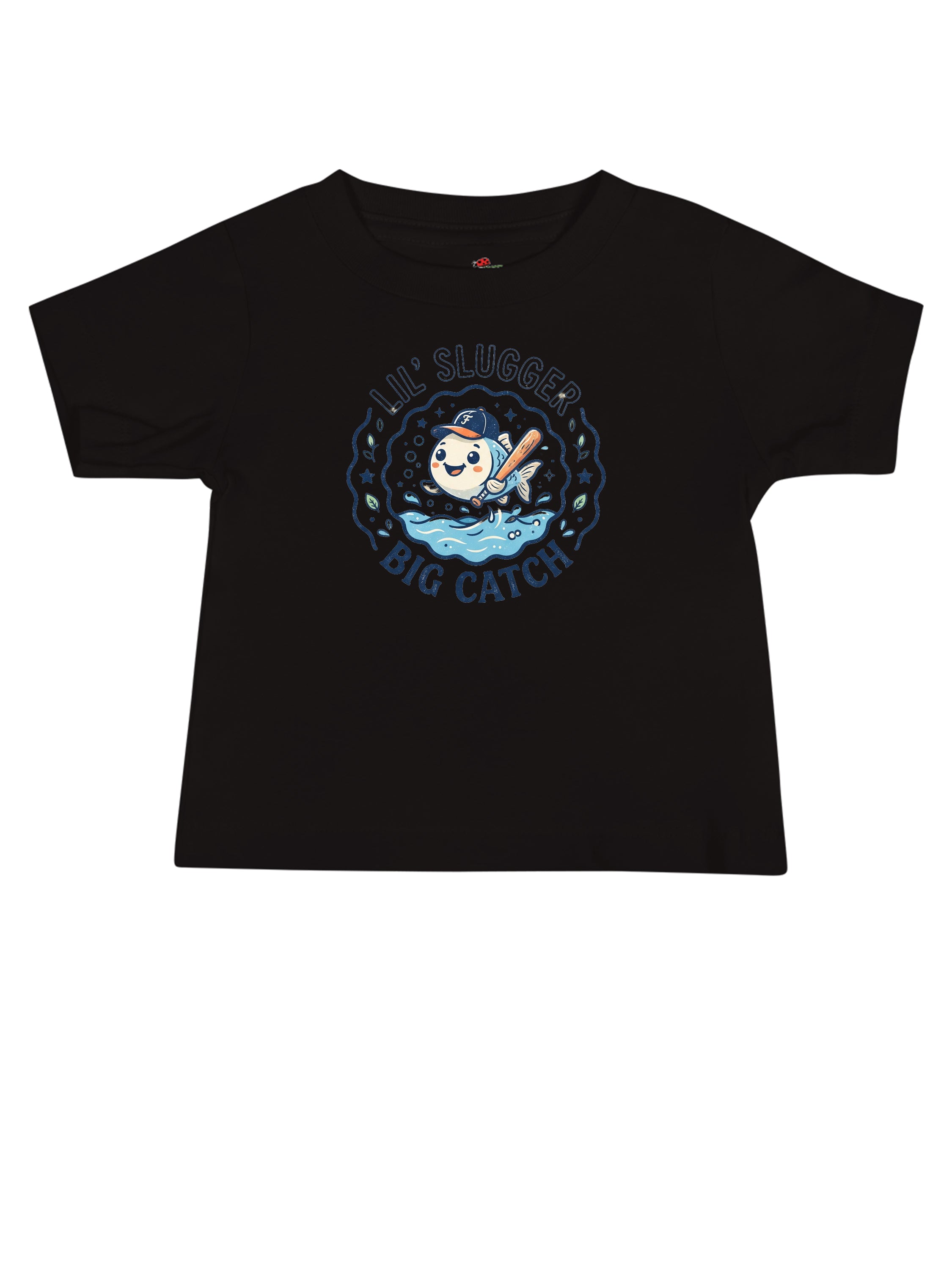 Lil Slugger graphic tee clothing in black featuring a cute fishing design for kids