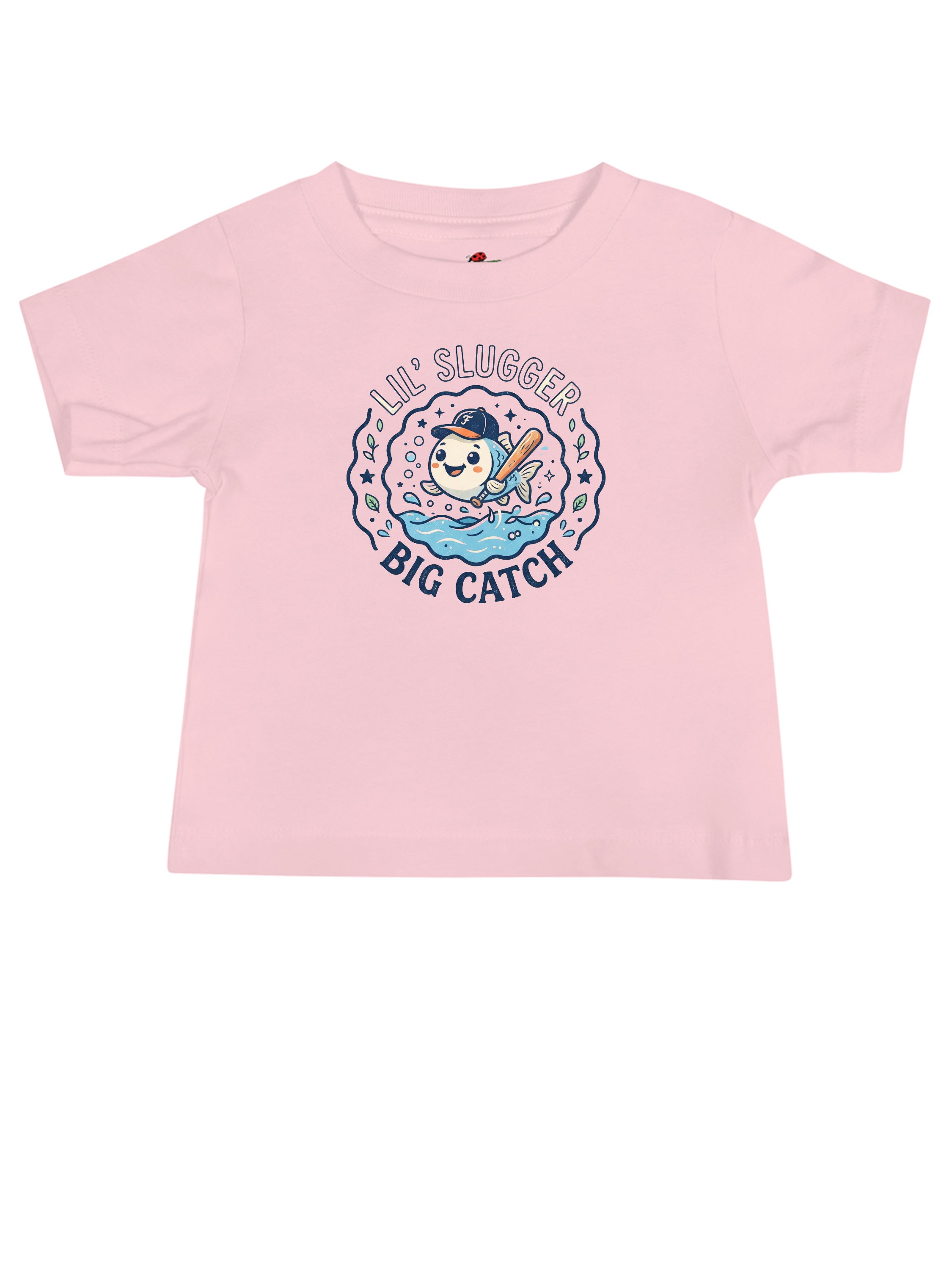 Pink graphic tee clothing featuring a cute fish design with the text Lil Slugger Big Catch