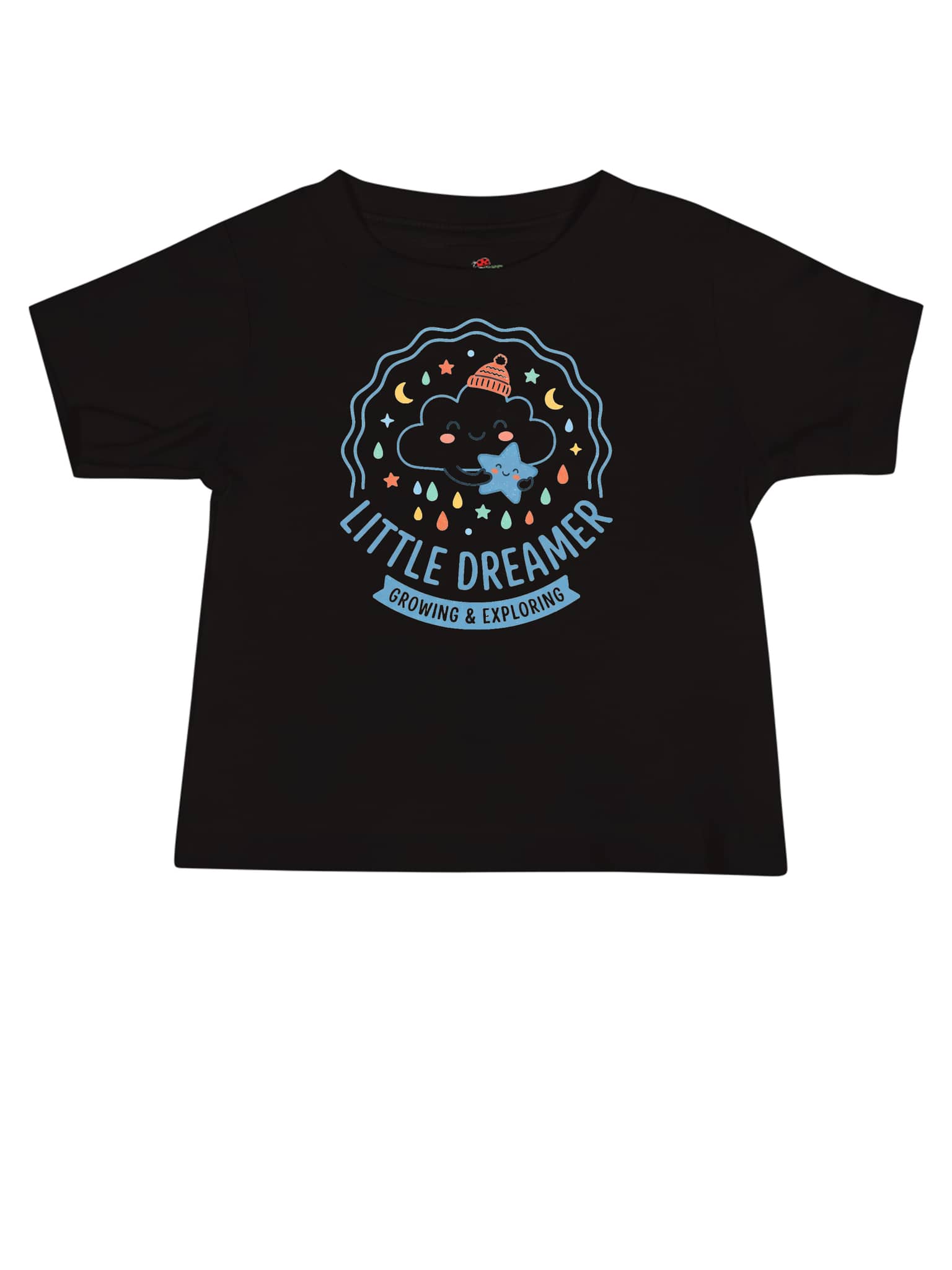 Black graphic tee t shirt featuring a colorful 'Little Dreamer' design for kids