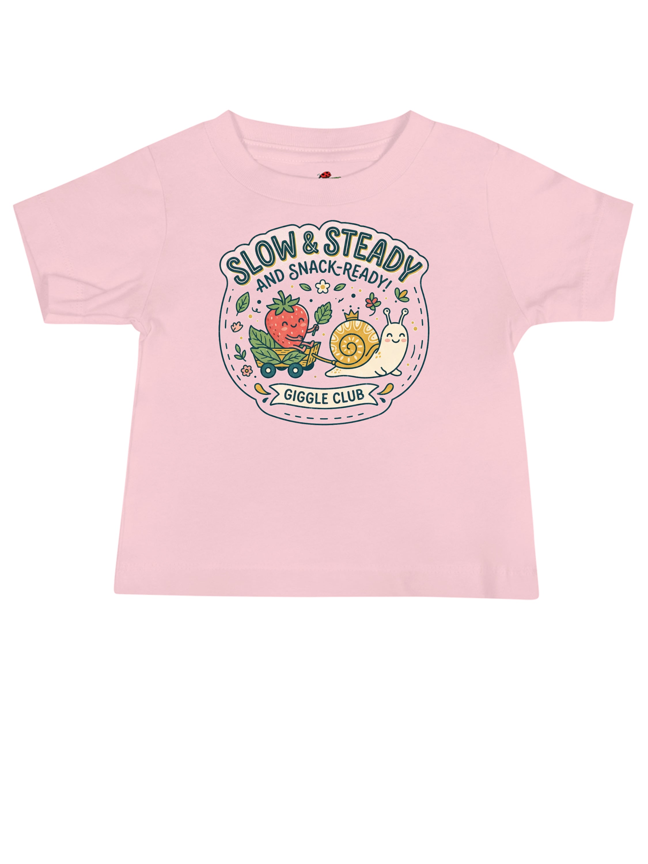 LuckeLadybug LLC Pink Graphic Tees T Shirt with Fun Snail and Fruit Graphic Design