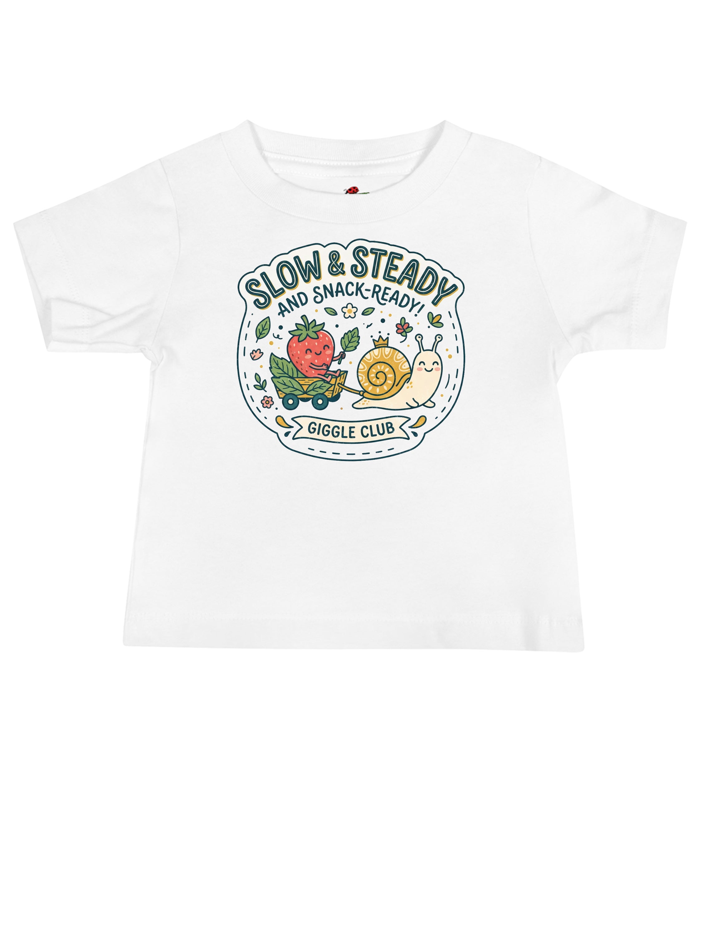 LuckeLadybug LLC Slow and Steady graphic tees t shirt featuring colorful design with a snail and strawberry