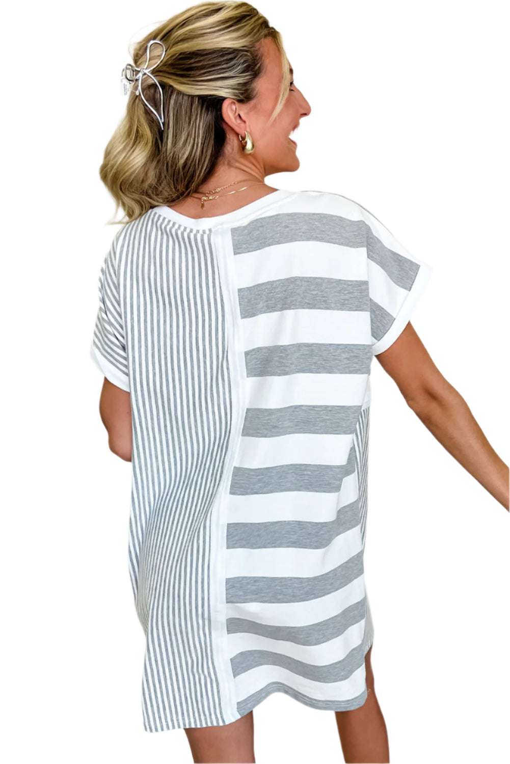 LuckeLadybug LLC gray stripe t shirt dress featuring mixed horizontal and vertical stripes on lightweight fabric