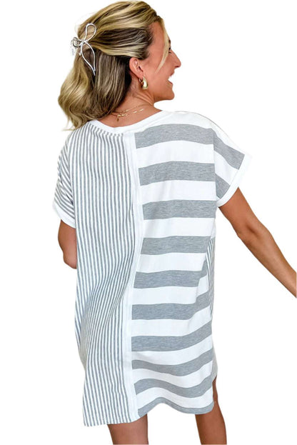 LuckeLadybug LLC gray stripe t shirt dress featuring mixed horizontal and vertical stripes on lightweight fabric