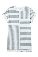 LuckeLadybug LLC gray stripe t shirt dress with mixed horizontal and vertical stripe patterns