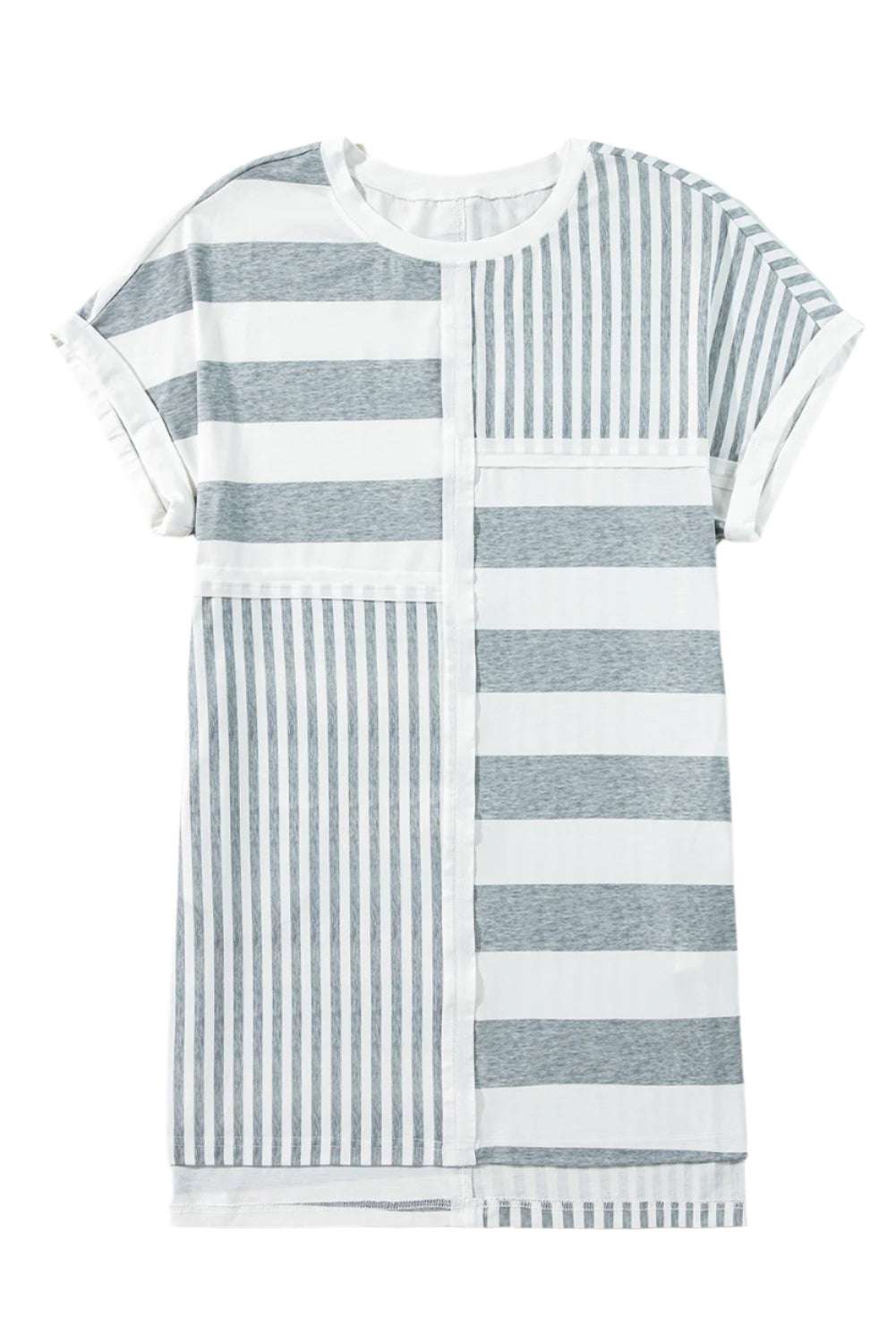 LuckeLadybug LLC gray stripe t shirt dress with mixed horizontal and vertical stripe patterns