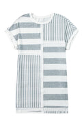 LuckeLadybug LLC gray stripe t shirt dress with mixed horizontal and vertical stripe patterns