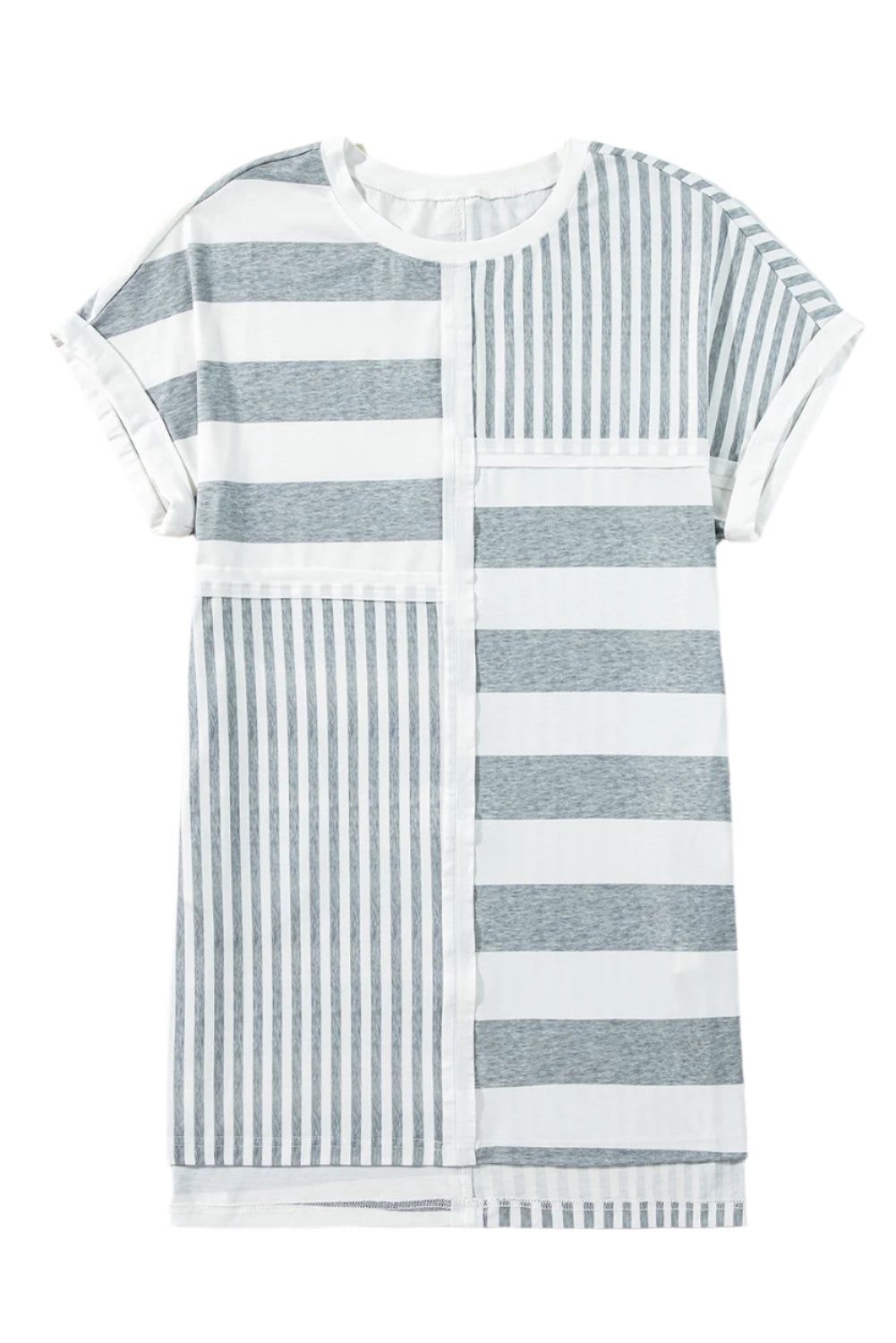 LuckeLadybug LLC gray stripe t shirt dress with mixed horizontal and vertical stripe patterns