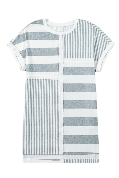 LuckeLadybug LLC gray stripe t shirt dress with mixed horizontal and vertical stripe patterns