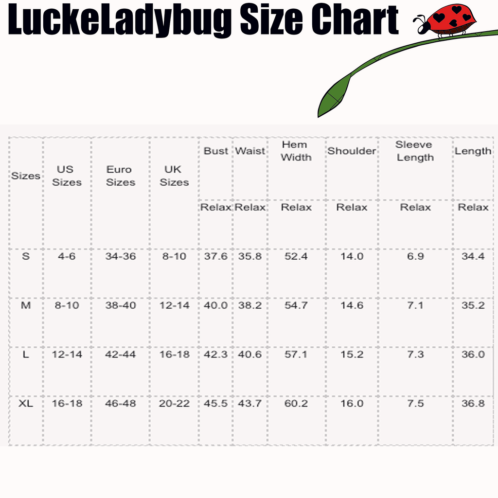 LuckeLadybug size chart for gray stripe t shirt dress showing measurements for bust waist hem shoulder sleeve length