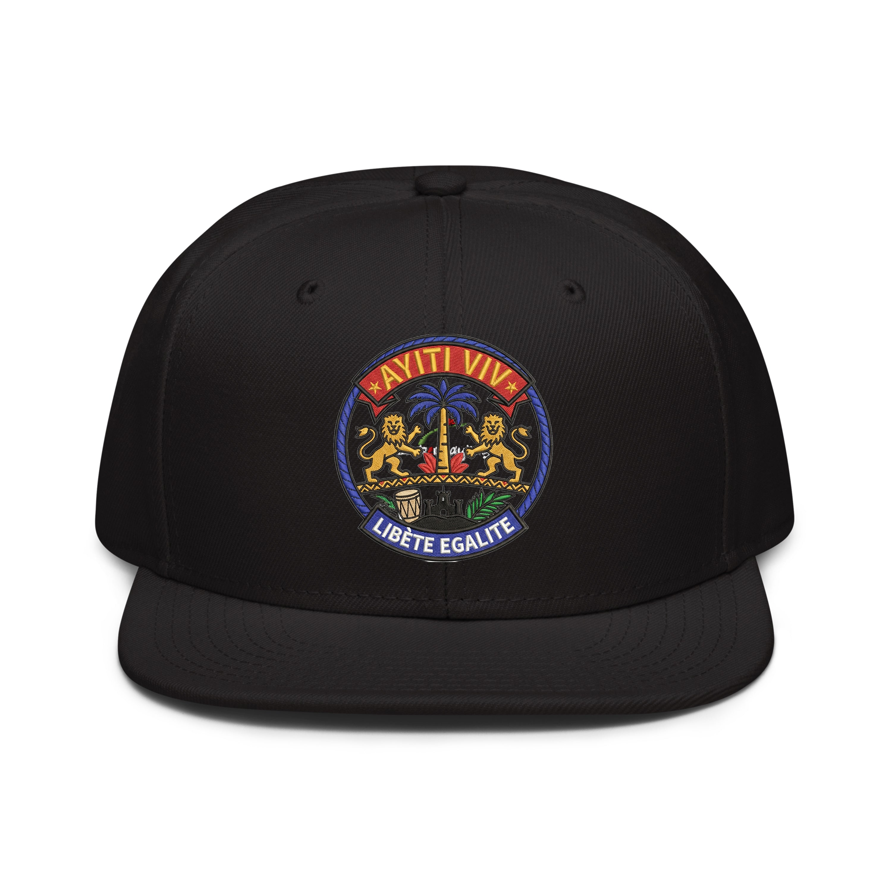 LuckeLadybug LLC black hat snapback featuring a colorful Ayiti Viv embroidered logo
