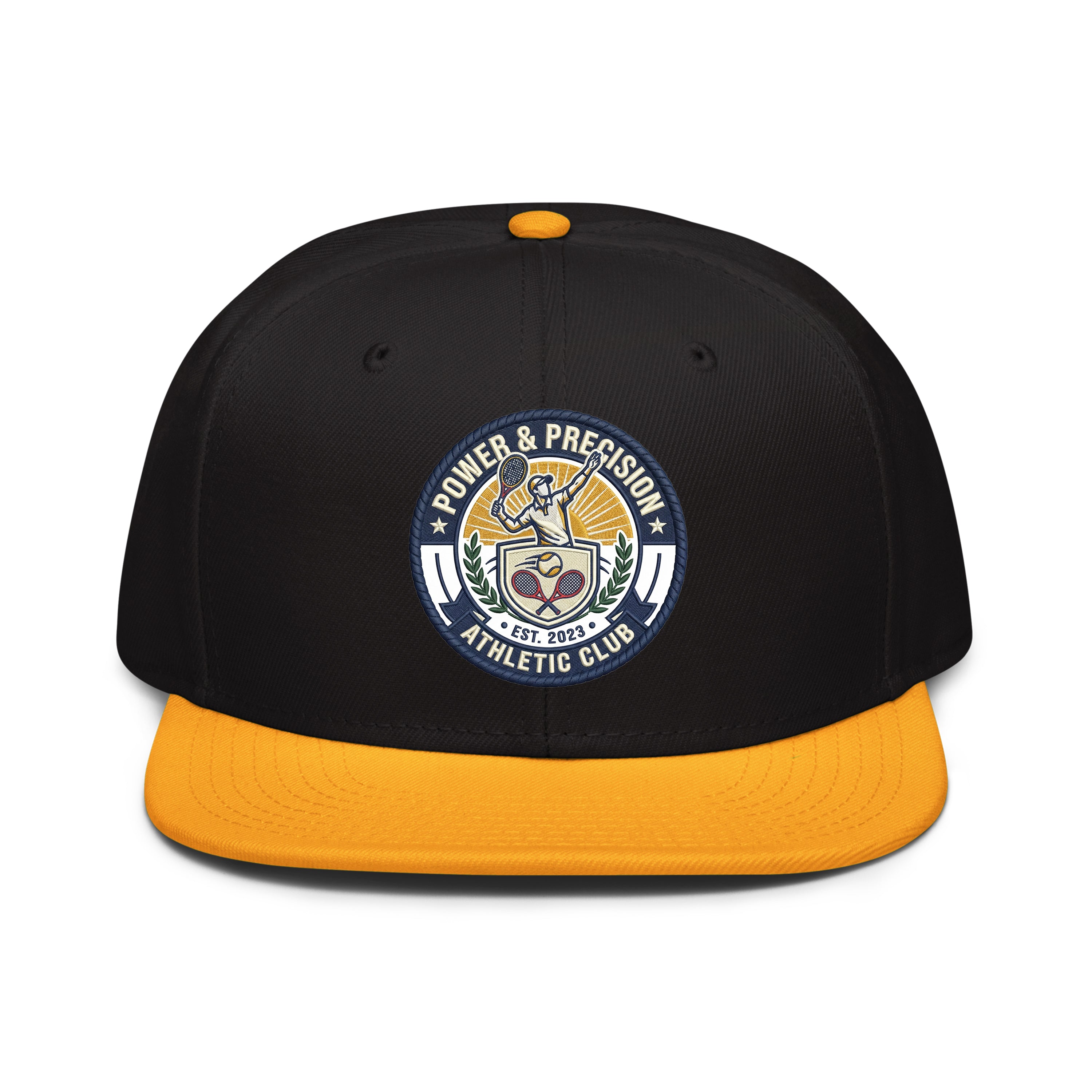 LuckeLadybug LLC hat snapback with a black front and yellow visor featuring Power & Precision Athletic Club logo