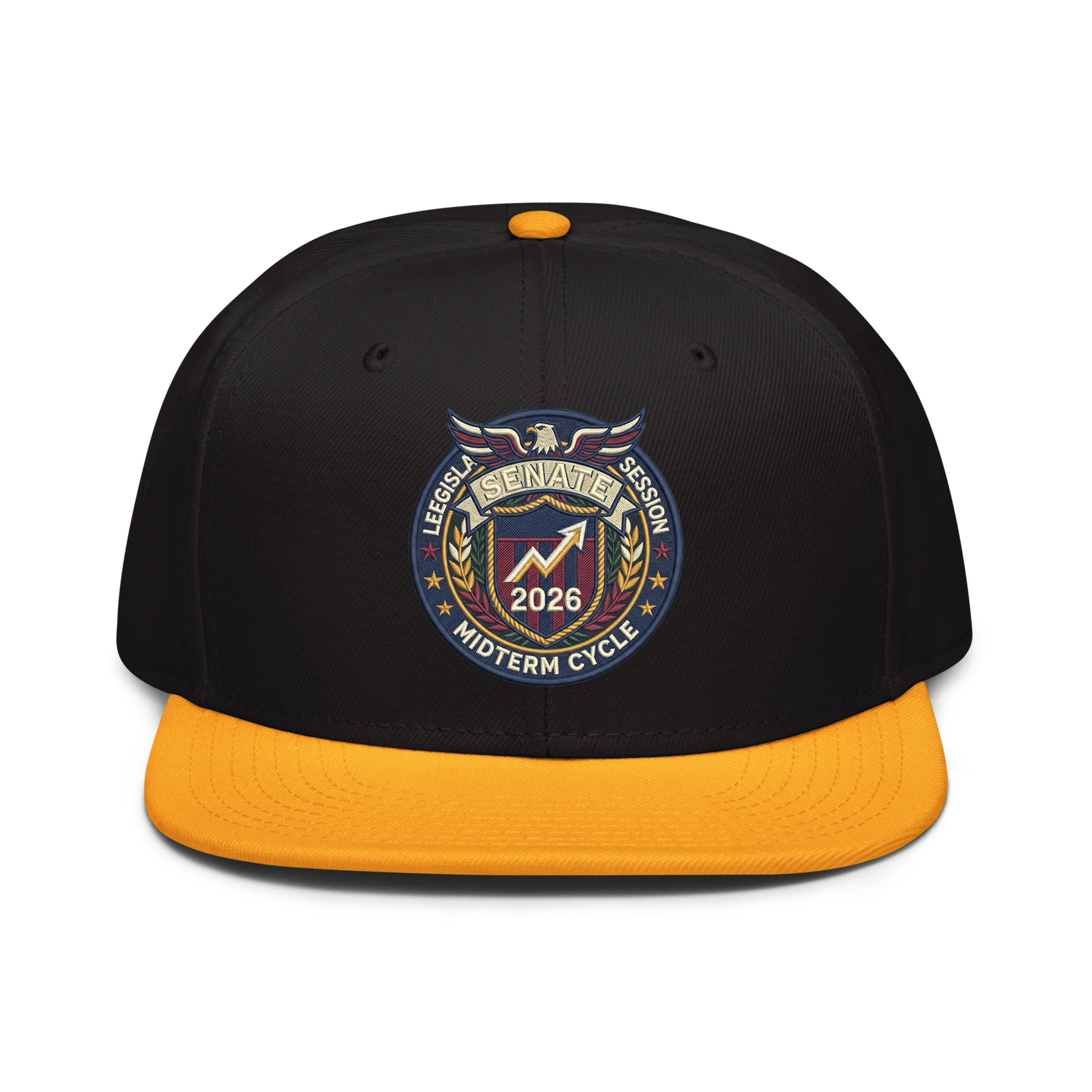Black and yellow hat snapback featuring a detailed emblem for the 2026 Midterm Cycle Senate Session