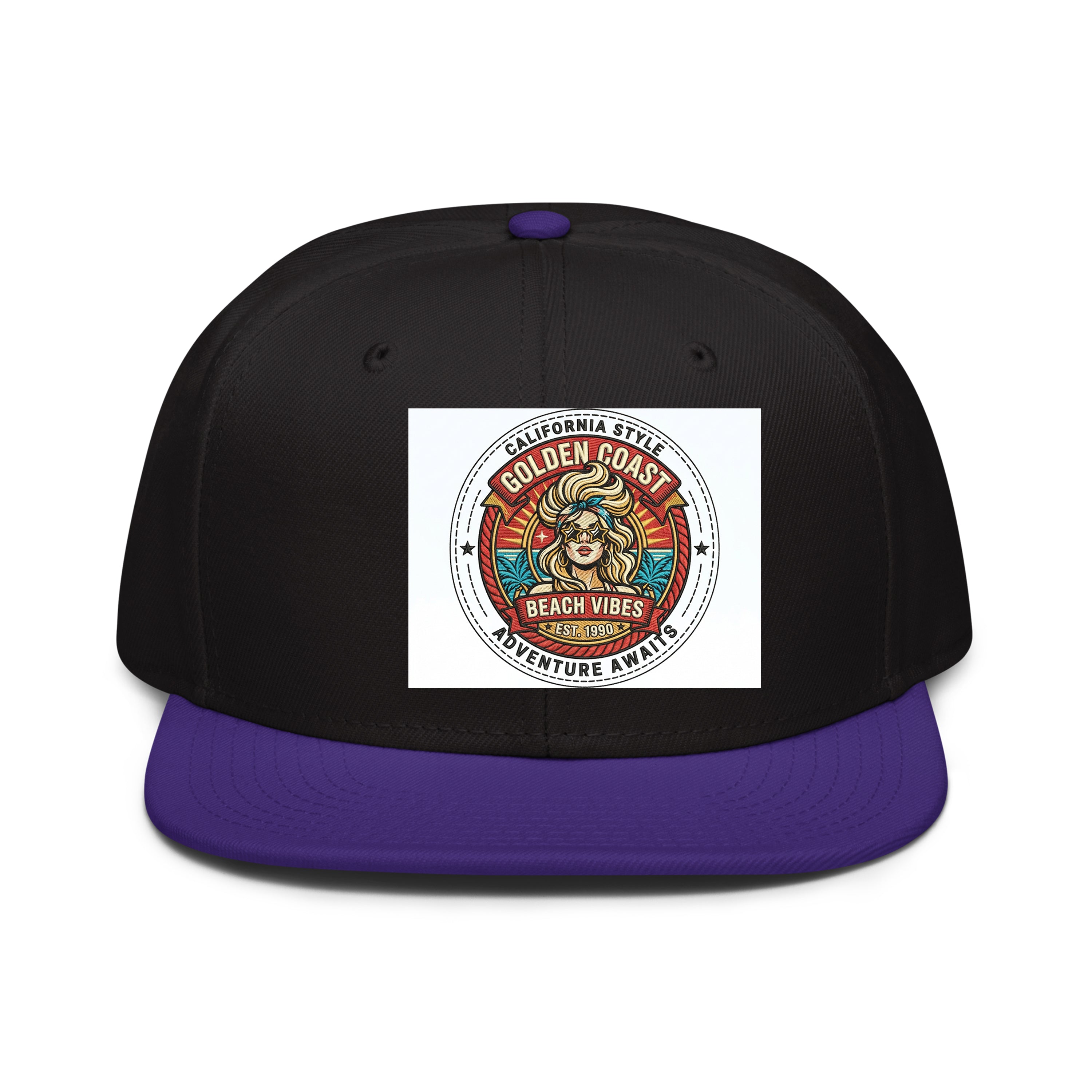 LuckeLadybug LLC hat snapback with a vibrant Golden Coast design and purple accents