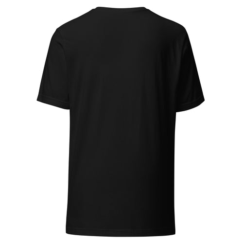 Back view of LuckeLadybug black cotton headphones graphic t-shirt showing plain back