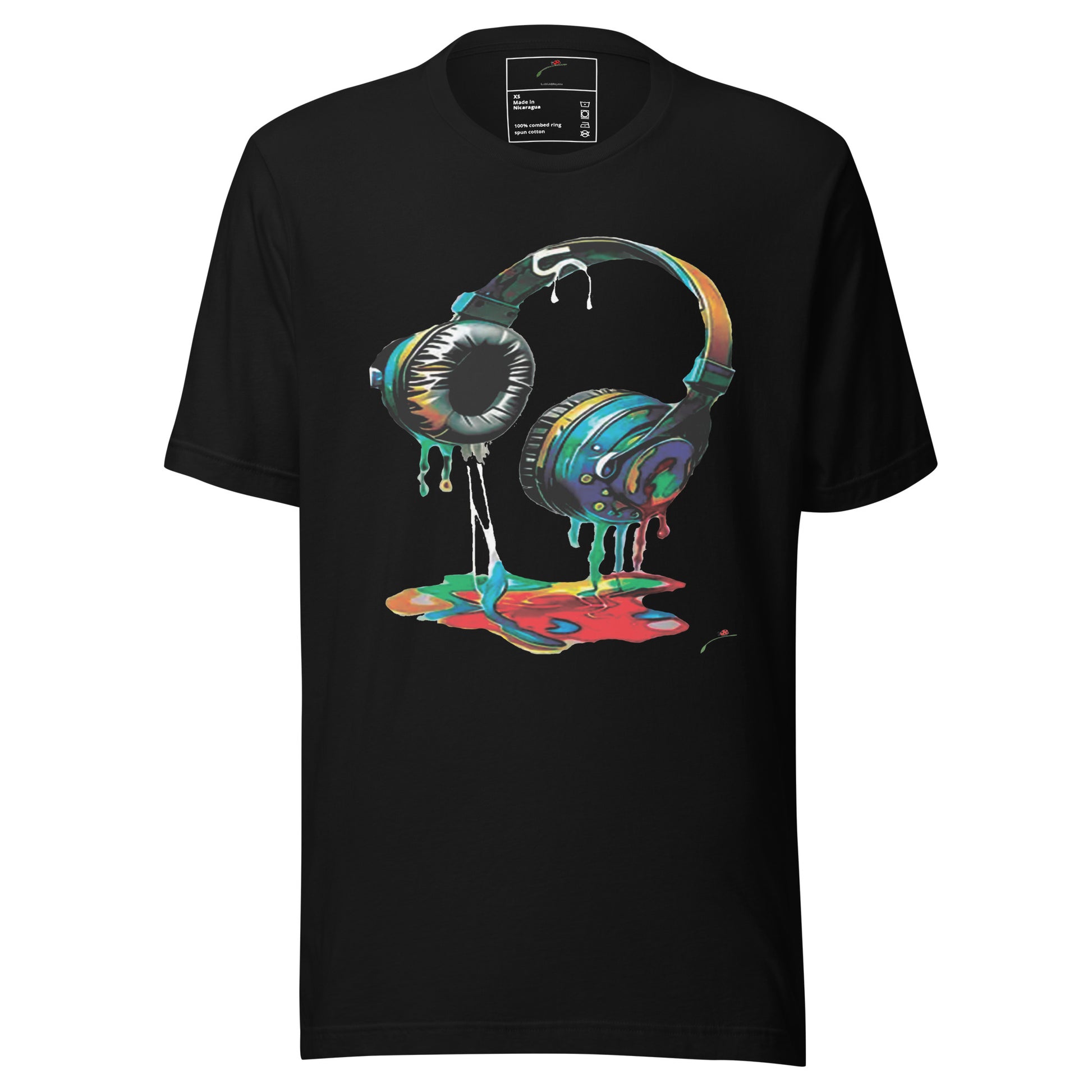 LuckeLadybug black t shirt with colorful melting paint headphones artwork headphones graphic t-shirt