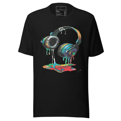 LuckeLadybug black t shirt with colorful melting paint headphones artwork headphones graphic t-shirt