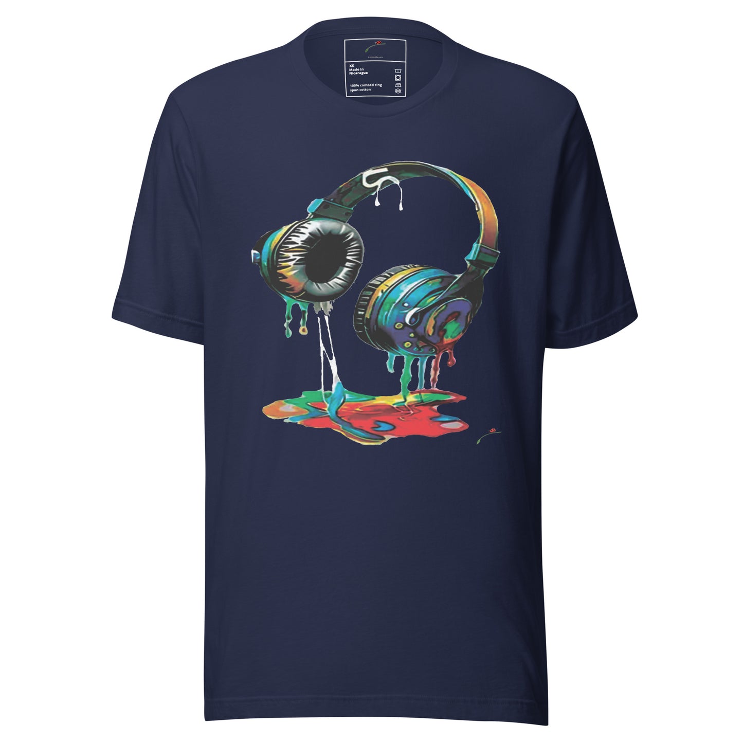 LuckeLadybug navy t shirt with colorful melting headphones illustration casual music lover headphones graphic t-shirt