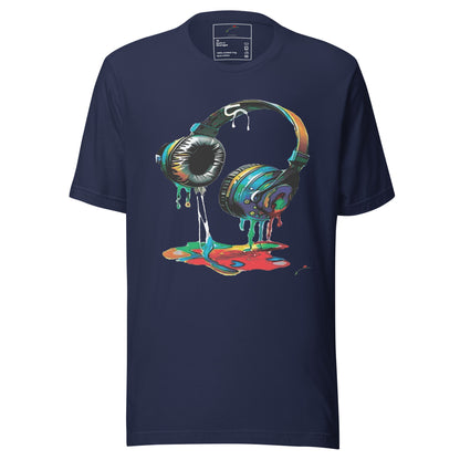 LuckeLadybug navy t shirt with colorful melting headphones illustration casual music lover headphones graphic t-shirt