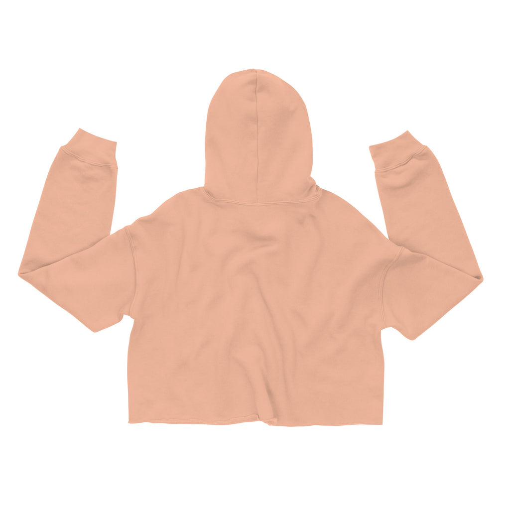 Back view of LuckeLadybug heart print cropped hoodie in peach color with long sleeves and hood