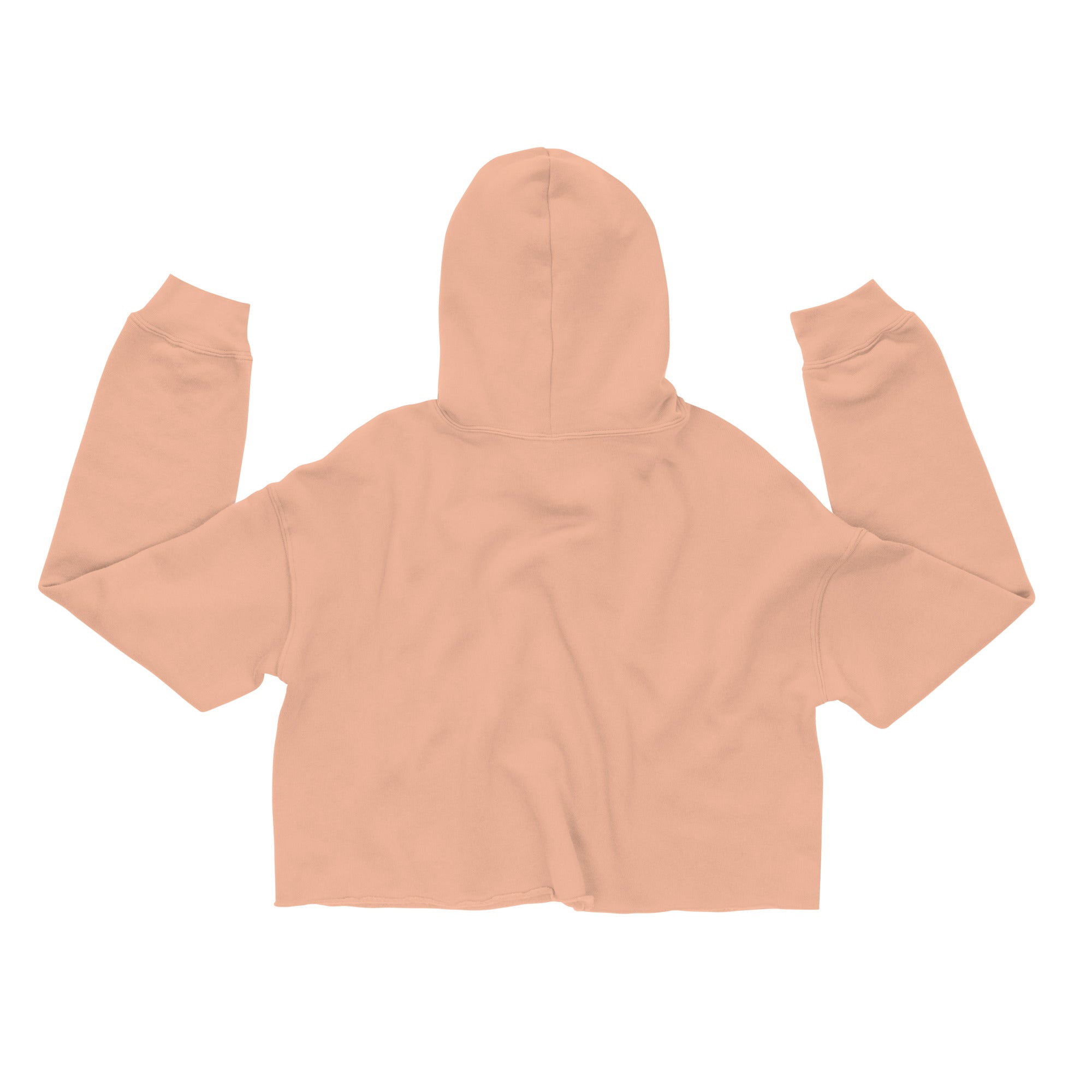 Back view of LuckeLadybug heart print cropped hoodie in peach color with long sleeves and hood