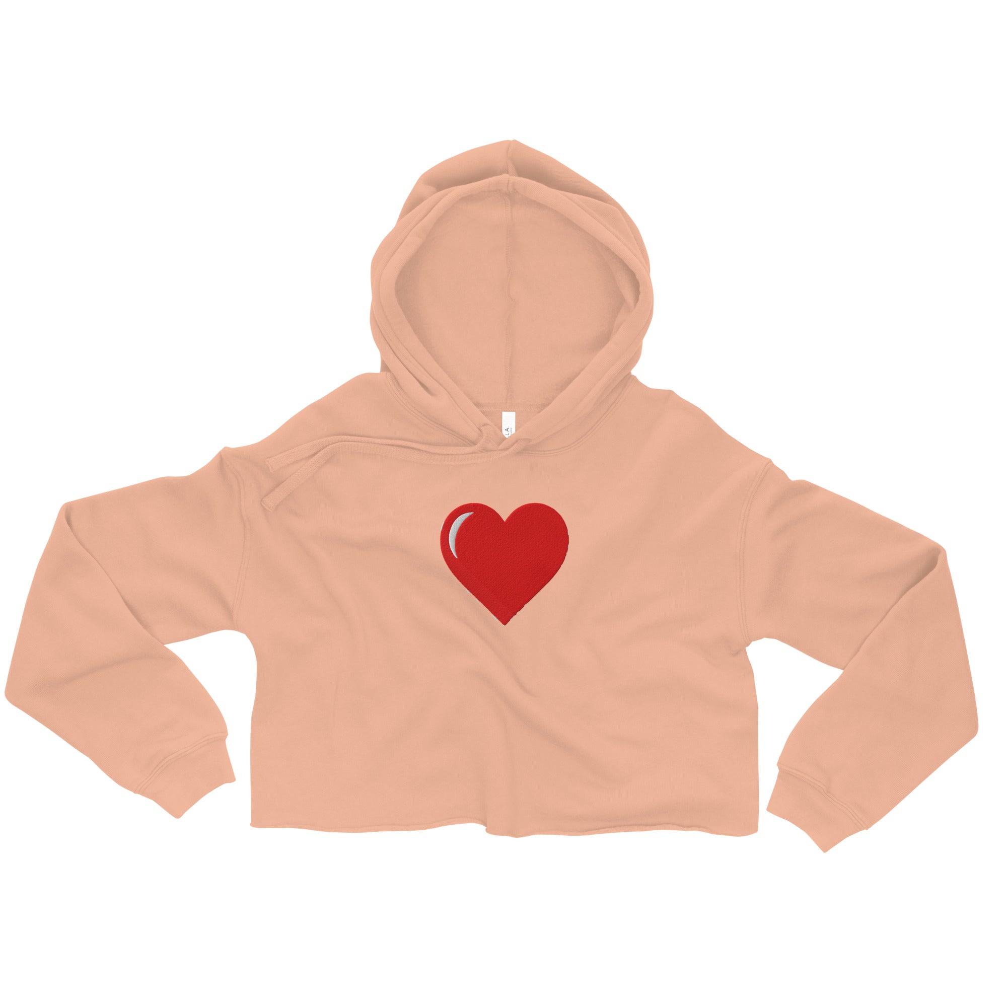 LuckeLadybug heart print cropped hoodie in soft peach with red heart graphic and long sleeves