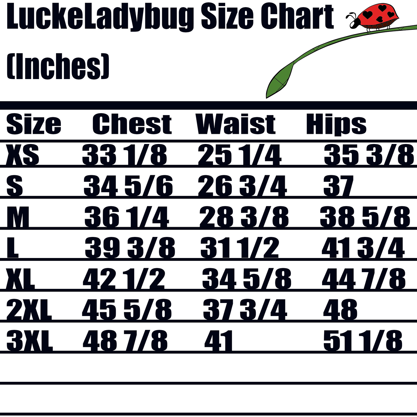 Luckeladybug size chart in inches showing chest waist and hips measurements for skater dress sizes XS to 3XL