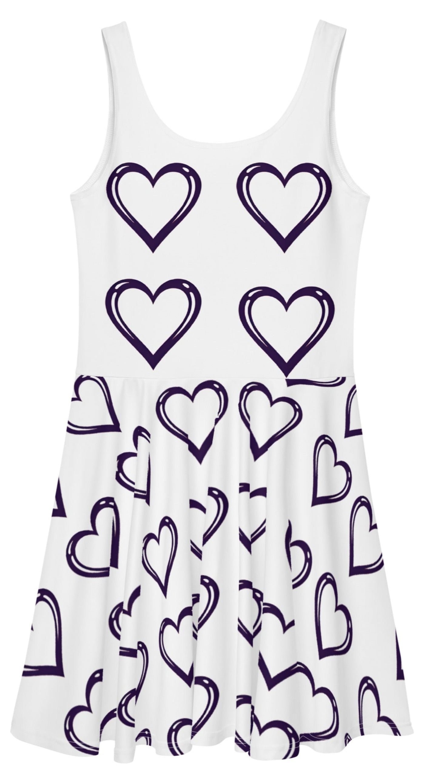 White sleeveless heart print skater dress with black outlined hearts pattern by luckeladybug