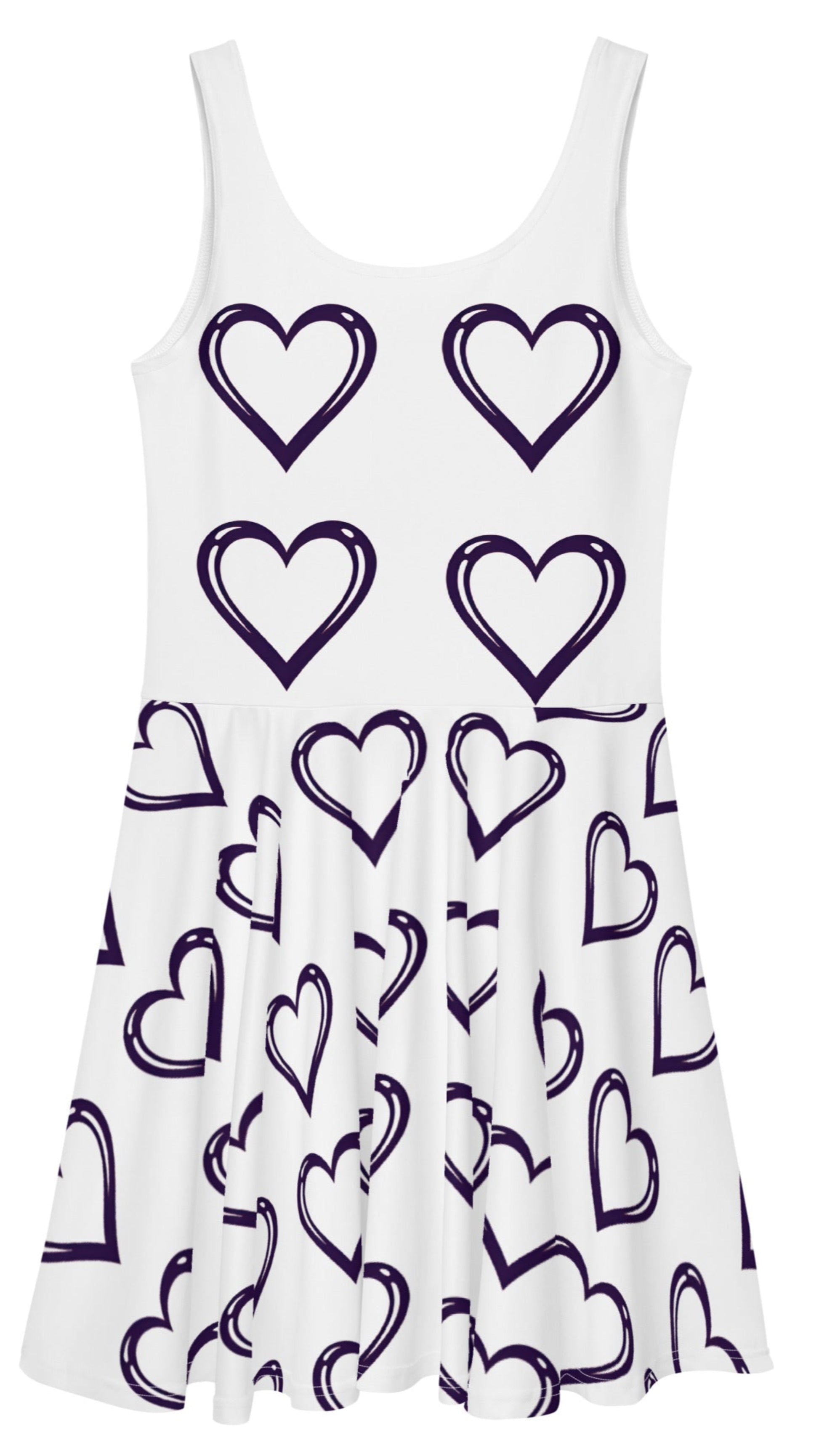 White sleeveless heart print skater dress with black outlined hearts pattern by luckeladybug