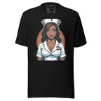 Black LuckeLadybug t-shirt featuring a graphic of a confident nurse in uniform heart stopper nurse shirt