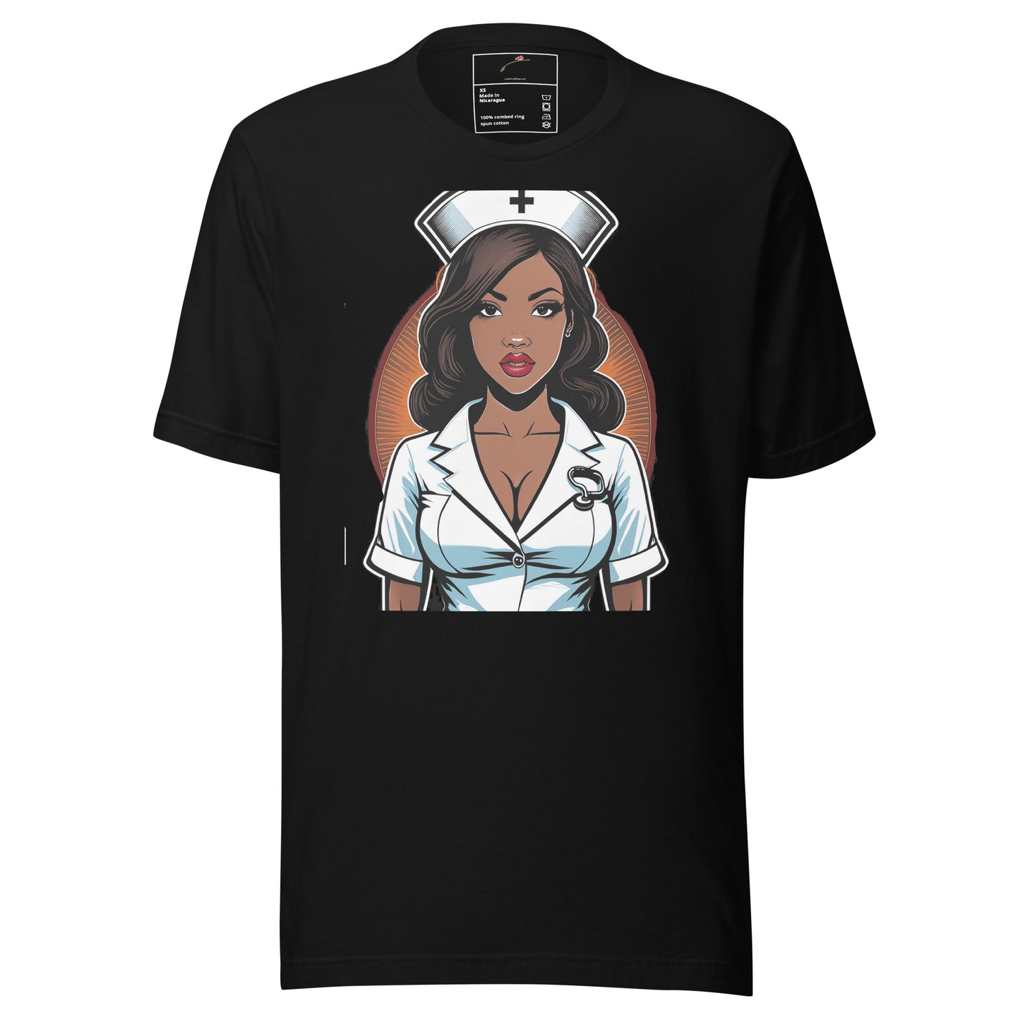 Black LuckeLadybug t-shirt featuring a graphic of a confident nurse in uniform heart stopper nurse shirt