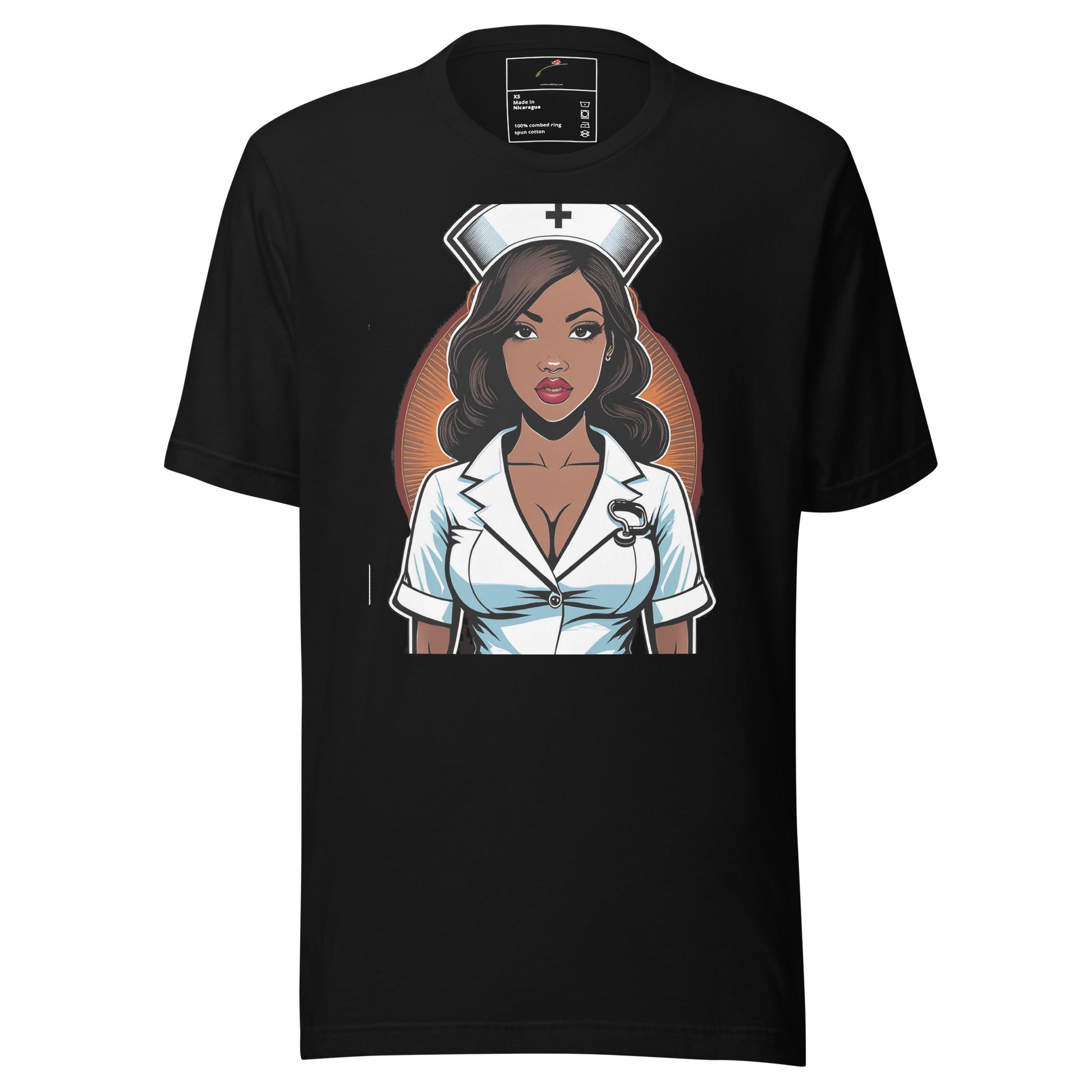 Black LuckeLadybug t-shirt featuring a graphic of a confident nurse in uniform heart stopper nurse shirt