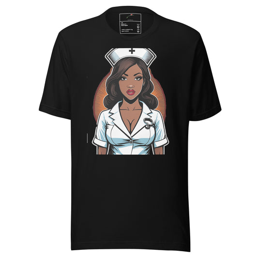 Black LuckeLadybug t-shirt featuring a graphic of a confident nurse in uniform heart stopper nurse shirt