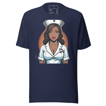 Heart stopper nurse shirt featuring a graphic of a confident nurse in white uniform on navy blue t-shirt