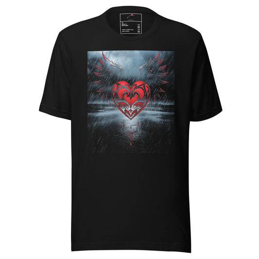 LuckeLadybug black T-shirt with red heart wings graphic tee design under rainy sky