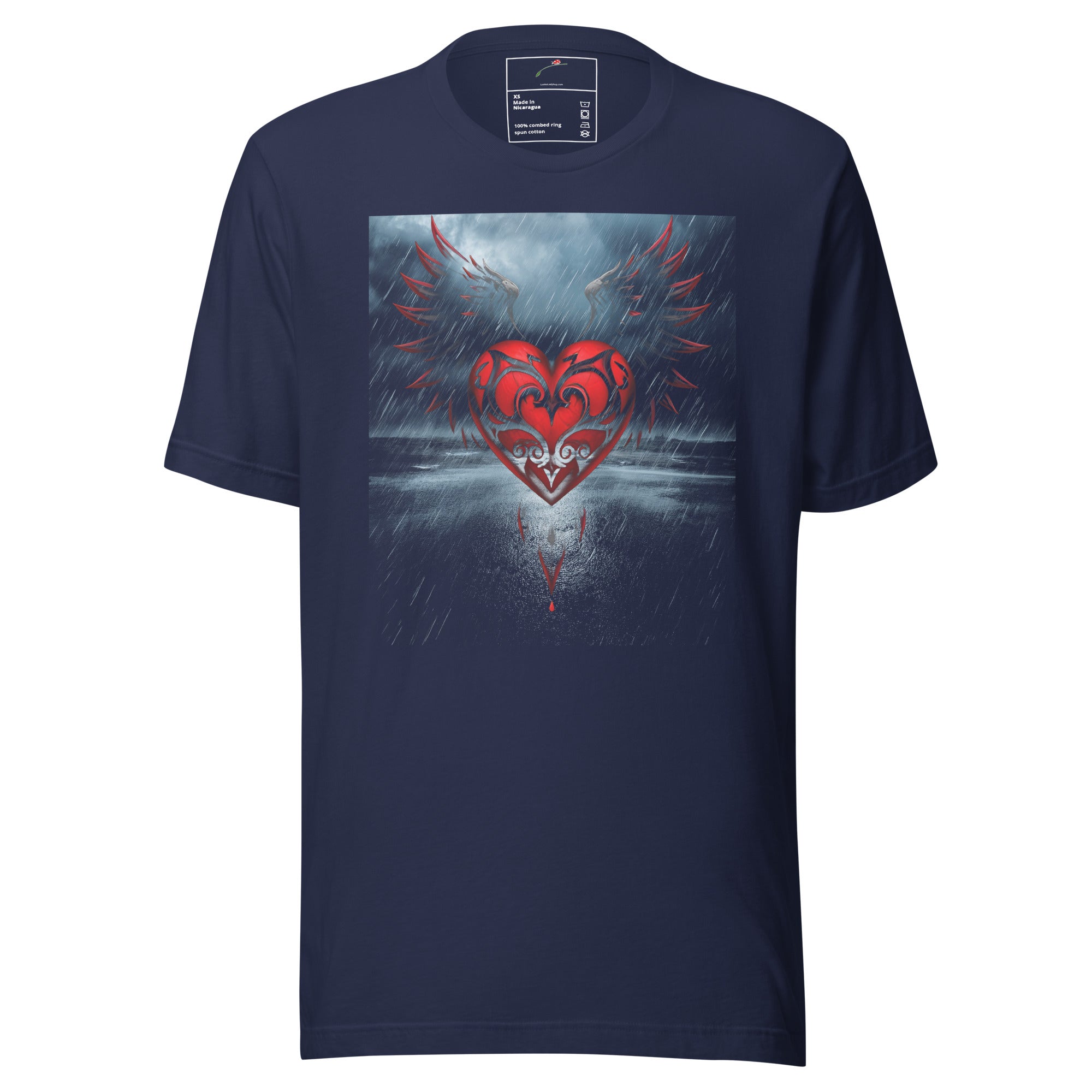 LuckeLadybug navy t-shirt with red heart wings graphic tee design on front