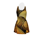 Luckeladybug flare dress with bold gold and black swirl pattern heritage inspired glam dress