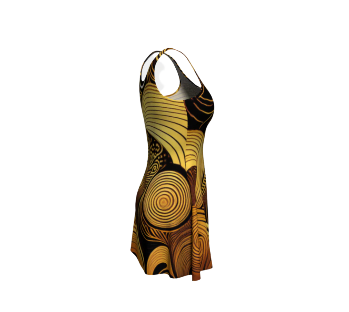 luckeladybug flare dress featuring a bold yellow and black circular pattern heritage inspired glam dress