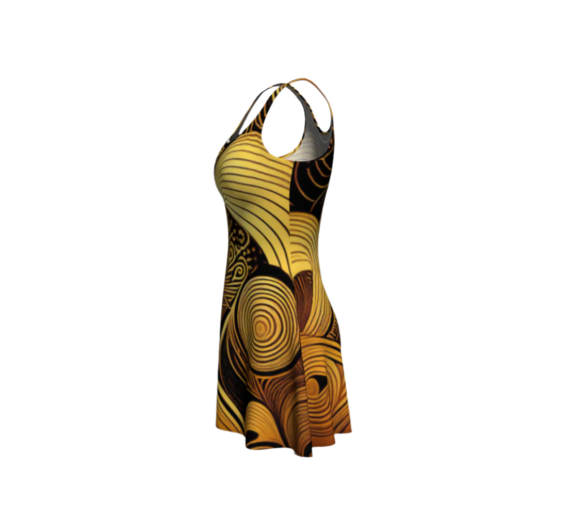 Luckeladybug flare dress with bold geometric patterns in yellow and black heritage inspired glam dress
