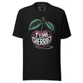 I Love Cherries men's t-shirt LuckeLadybug black tee with large vintage cherry graphic and leaves