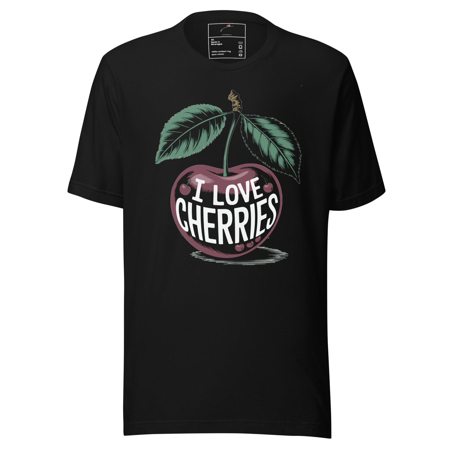 I Love Cherries men's t-shirt LuckeLadybug black tee with large vintage cherry graphic and leaves