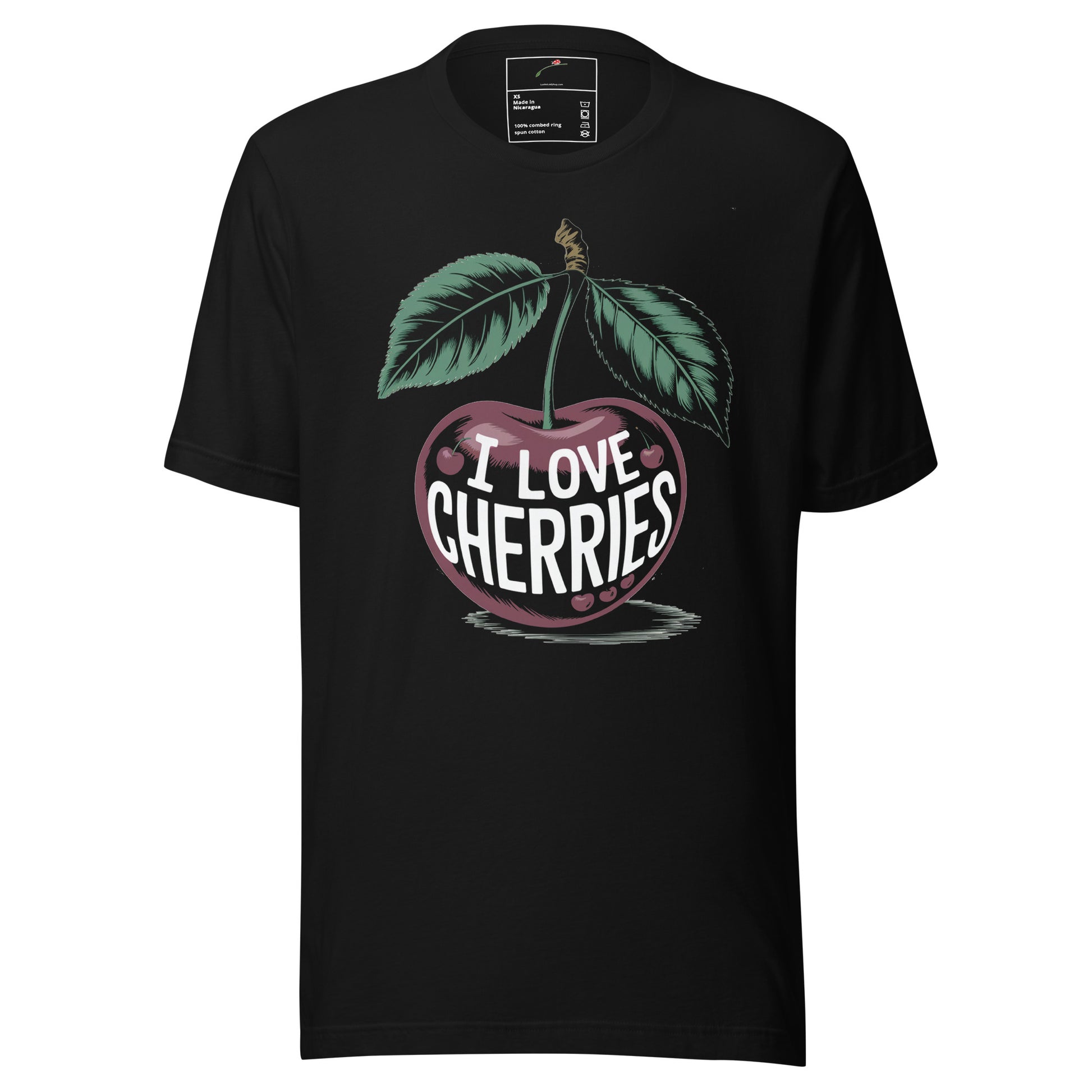I Love Cherries men's t-shirt LuckeLadybug black tee with large vintage cherry graphic and leaves