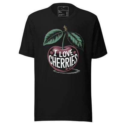 I Love Cherries men's t-shirt LuckeLadybug black tee with large vintage cherry graphic and leaves