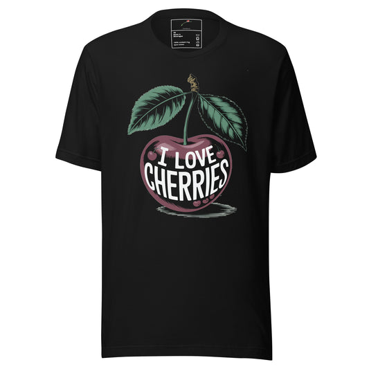 I Love Cherries men's t-shirt LuckeLadybug black tee with large vintage cherry graphic and leaves