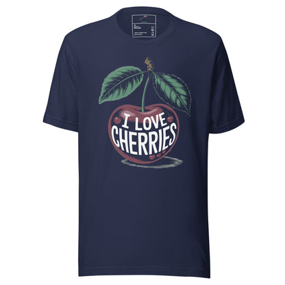 LuckeLadybug navy I Love Cherries men's t-shirt with large vintage cherry graphic and green leaves