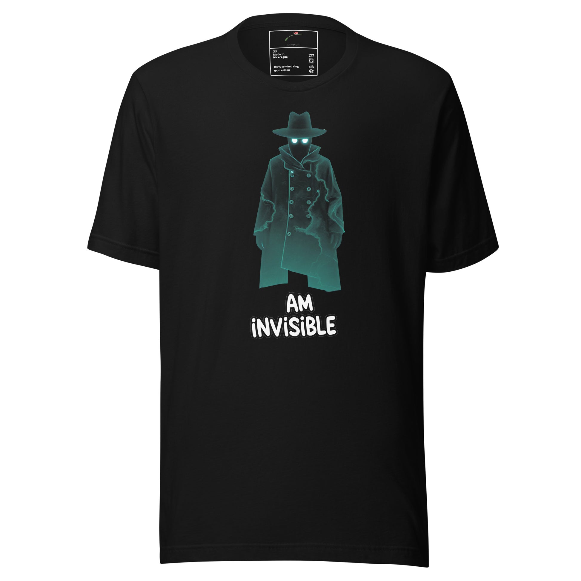 LuckeLadybug black t-shirt with glowing eyes trench coat and AM INVISIBLE text invisible man graphic t-shirt