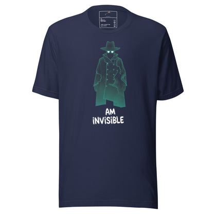 LuckeLadybug navy tee with green glowing trench coat detective glowing eyes and AM INVISIBLE print invisible man graphic t-shirt